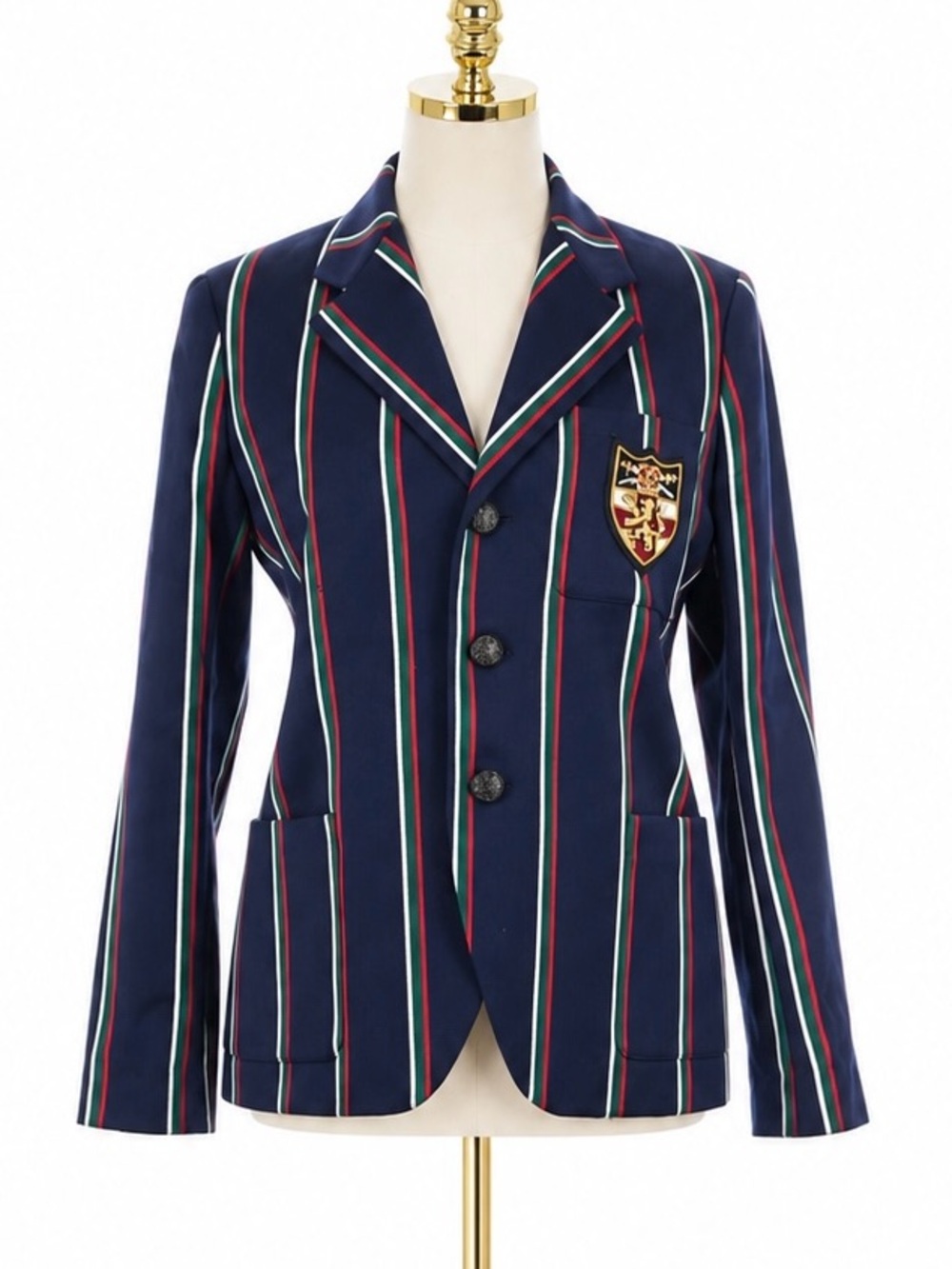 Polo Ralph Lauren Crest Patch Striped Cricket Blazer Jacket Navy Red Wool Cotton